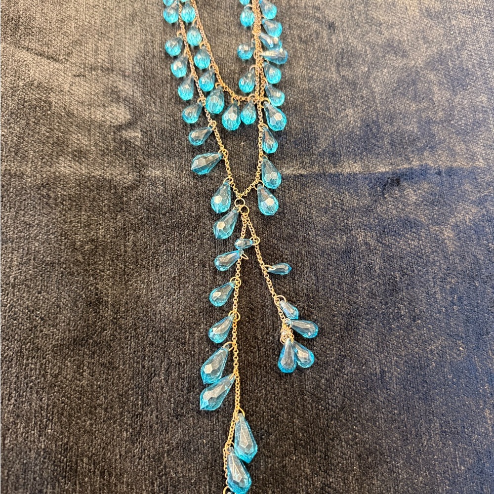 Vintage Aqua Glass Teardrop Y Necklace - Layered Chandelier